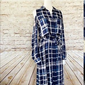 Maison Jules XL Navy Plaid Cuffed Collared Dress